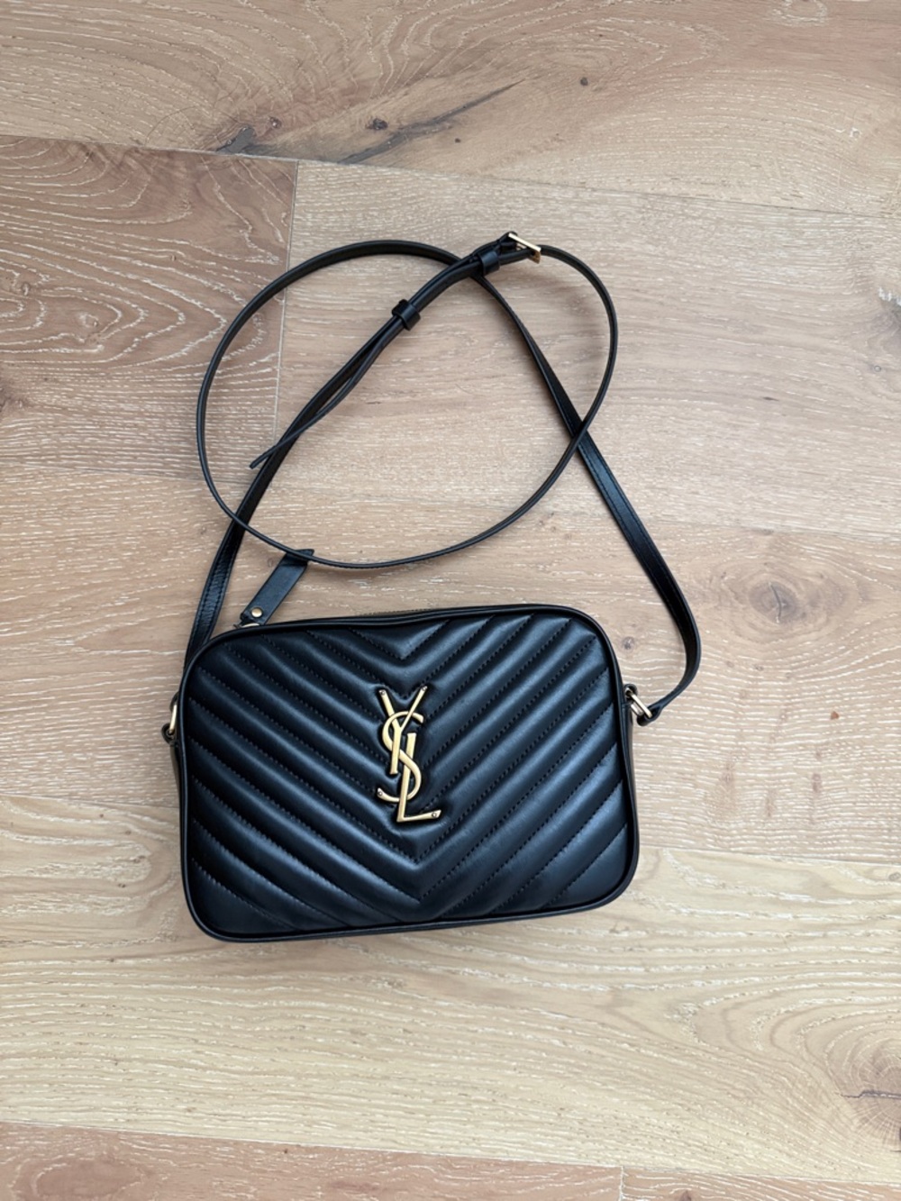 Black Quilted Leather Camera Bag with Gold Accent